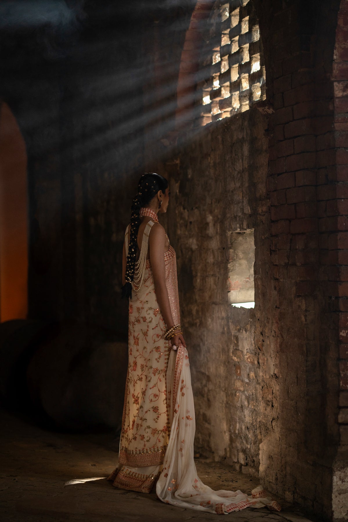 Pakistani White Embroidered Crinkle Chiffon Halter Shirt Sharara (3-Piece) - Image 15