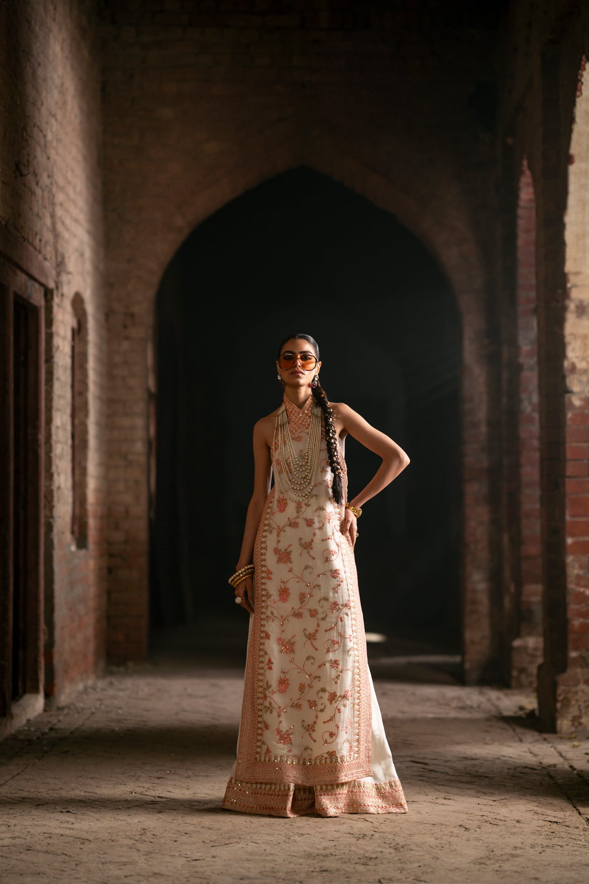 Pakistani White Embroidered Crinkle Chiffon Halter Shirt Sharara (3-Piece) - Image 16