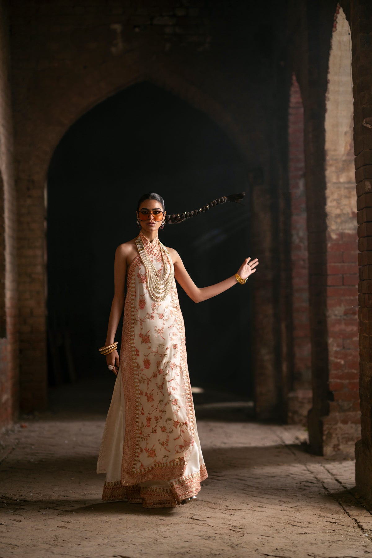 Pakistani White Embroidered Crinkle Chiffon Halter Shirt Sharara (3-Piece) - Image 4