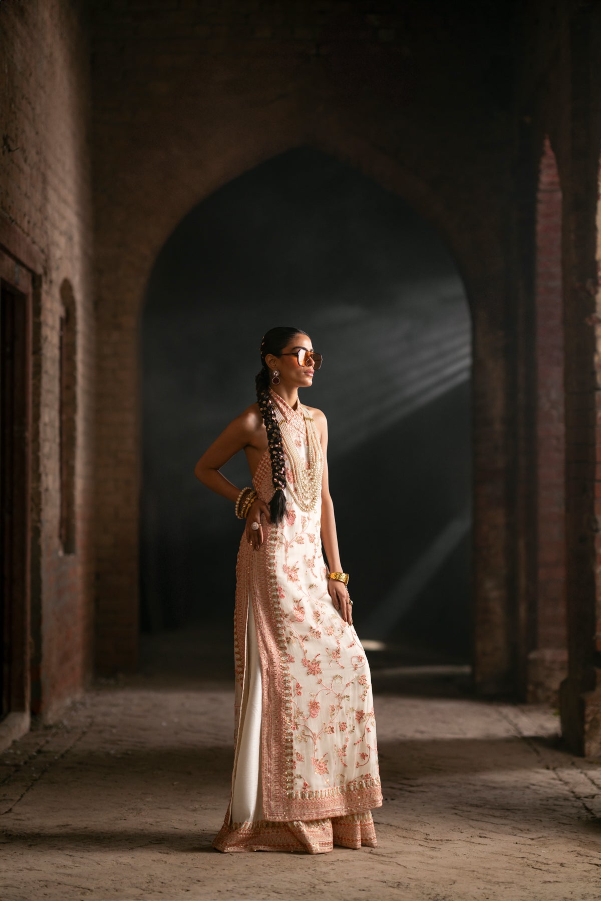 Pakistani White Embroidered Crinkle Chiffon Halter Shirt Sharara (3-Piece) - Image 5