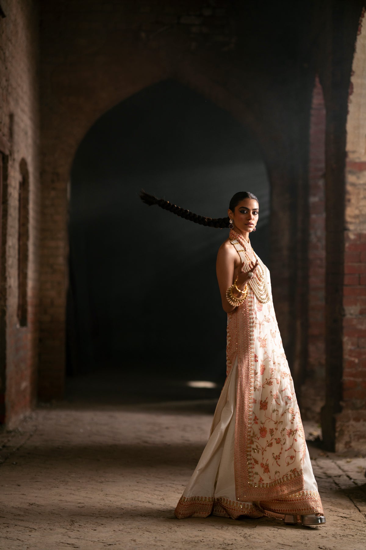 Pakistani White Embroidered Crinkle Chiffon Halter Shirt Sharara (3-Piece) - Image 6