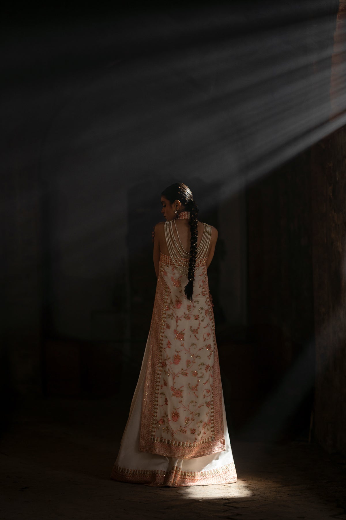 Pakistani White Embroidered Crinkle Chiffon Halter Shirt Sharara (3-Piece) - Image 7