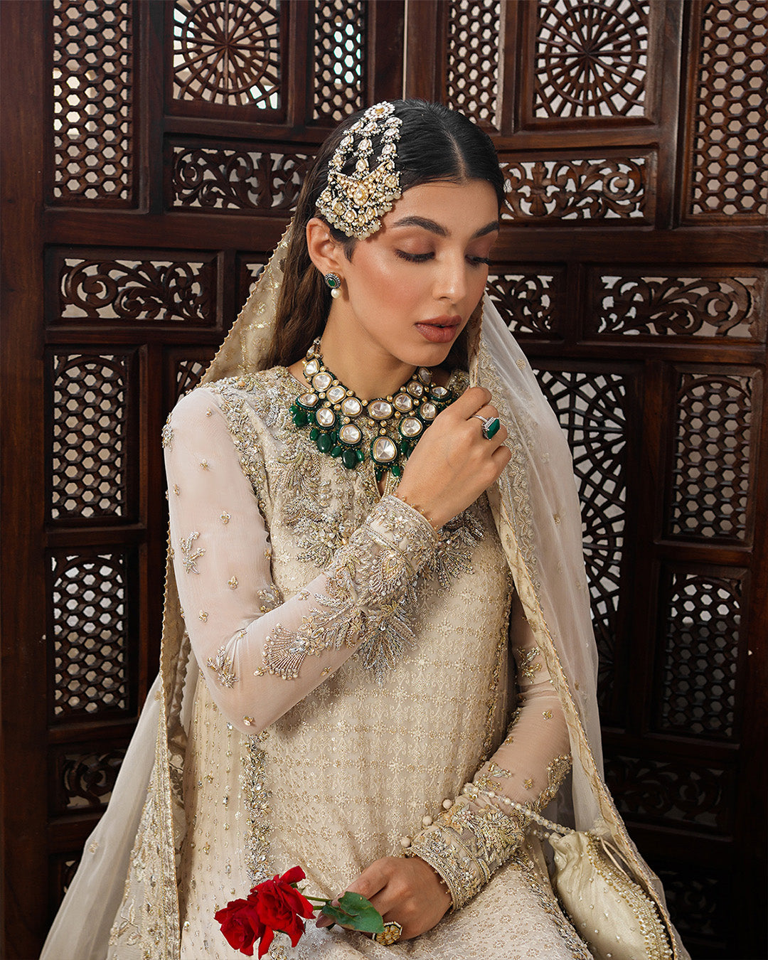Pearl White Embellished Chiffon Bridal Sharara (3-Piece) - Image 3