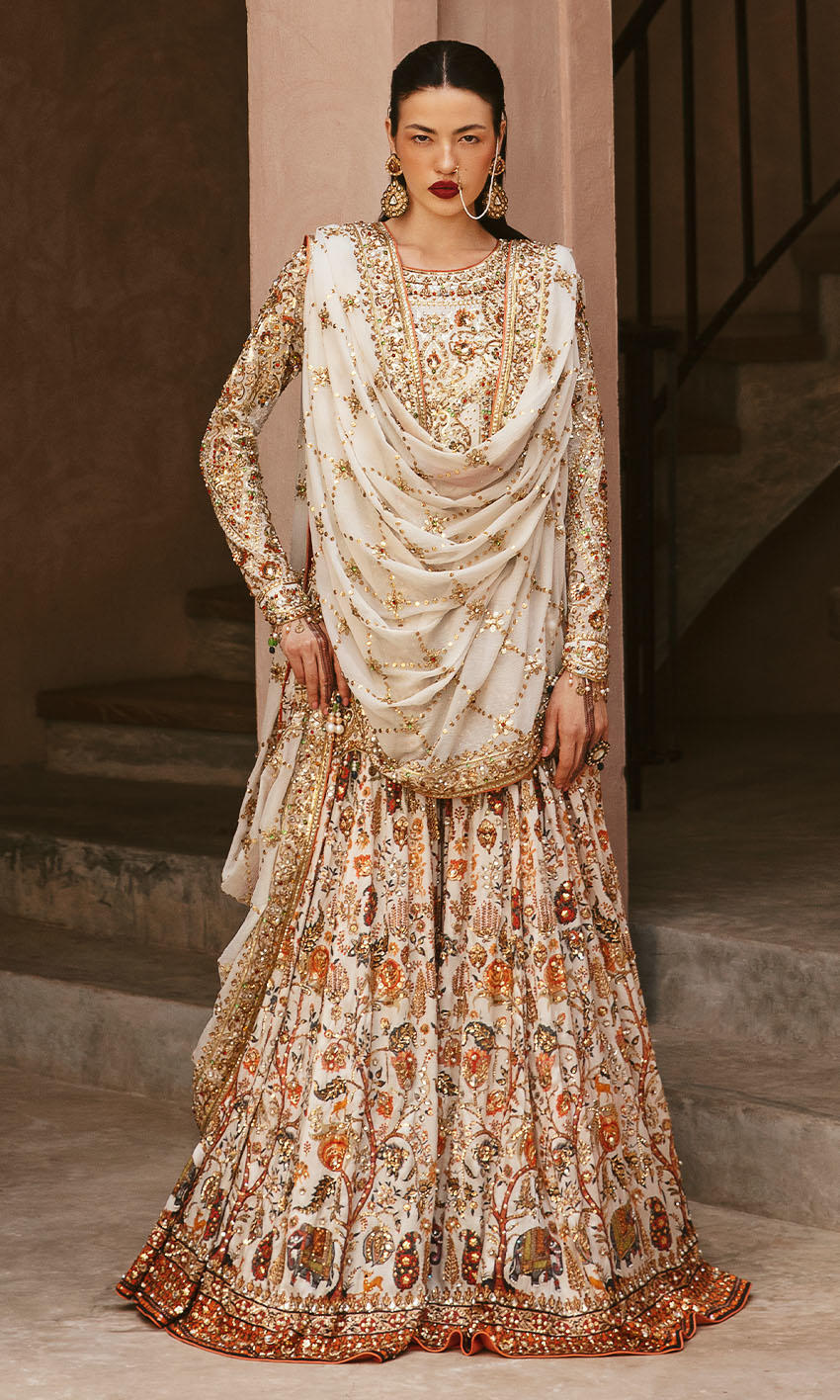White Embellished Silk Sharara Set (3-Piece) - Image 1