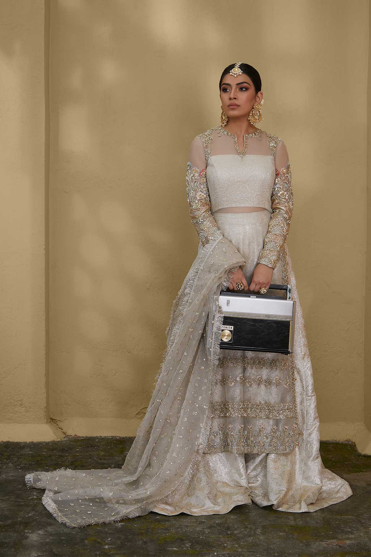 Pakistani White Zardozi Zari Net Sharara Set (3-Piece) - Image 1