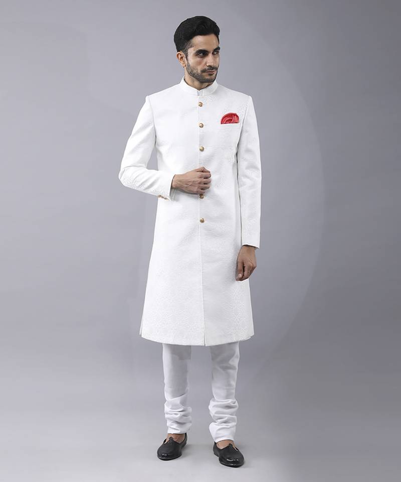 White Brocade Sherwani 3-Piece Set - Image 1
