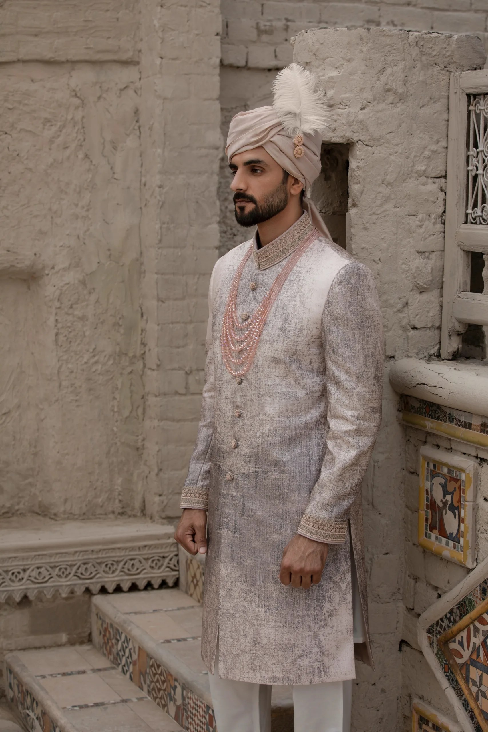 Pearl White Embroidered Jacquard Sherwani (2-Piece) - Image 1