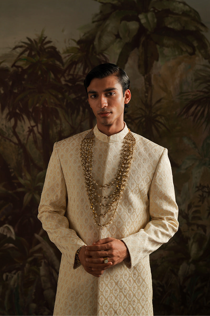 Pearl White Jacquard Embroidered Sherwani (3-Piece) - Image 1