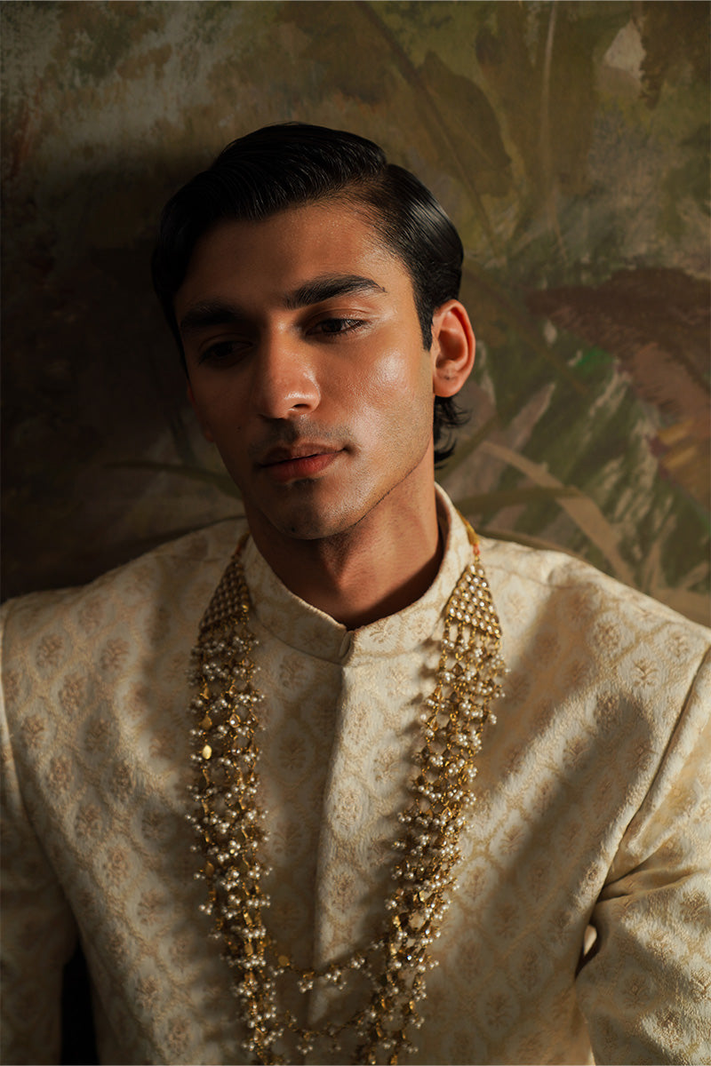 Pearl White Jacquard Embroidered Sherwani (3-Piece) - Image 4