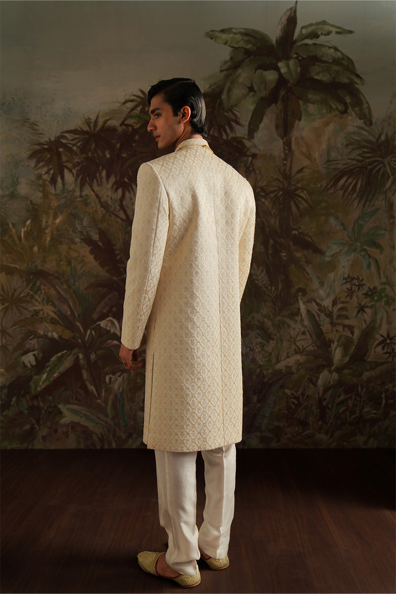 Pearl White Jacquard Embroidered Sherwani (3-Piece) - Image 6