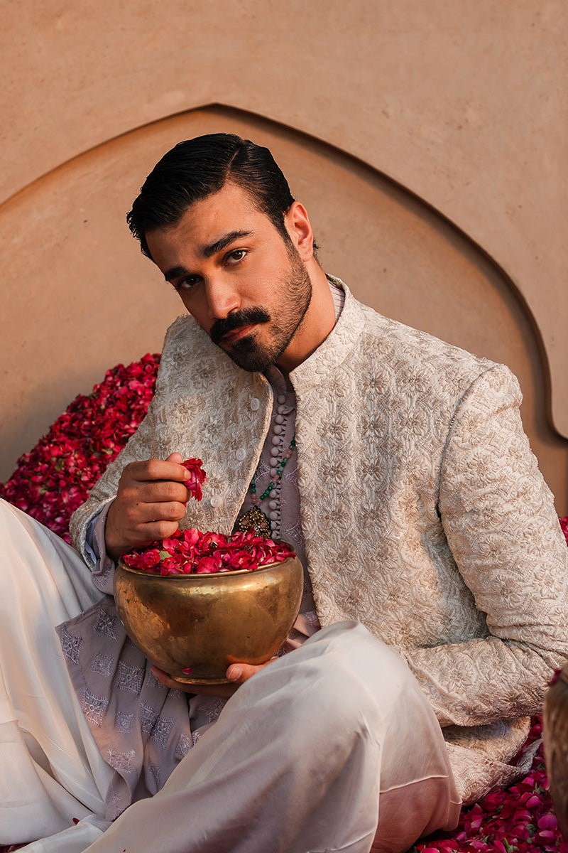 Pearl White Jacquard Embroidered Sherwani (3-Piece) - Image 3