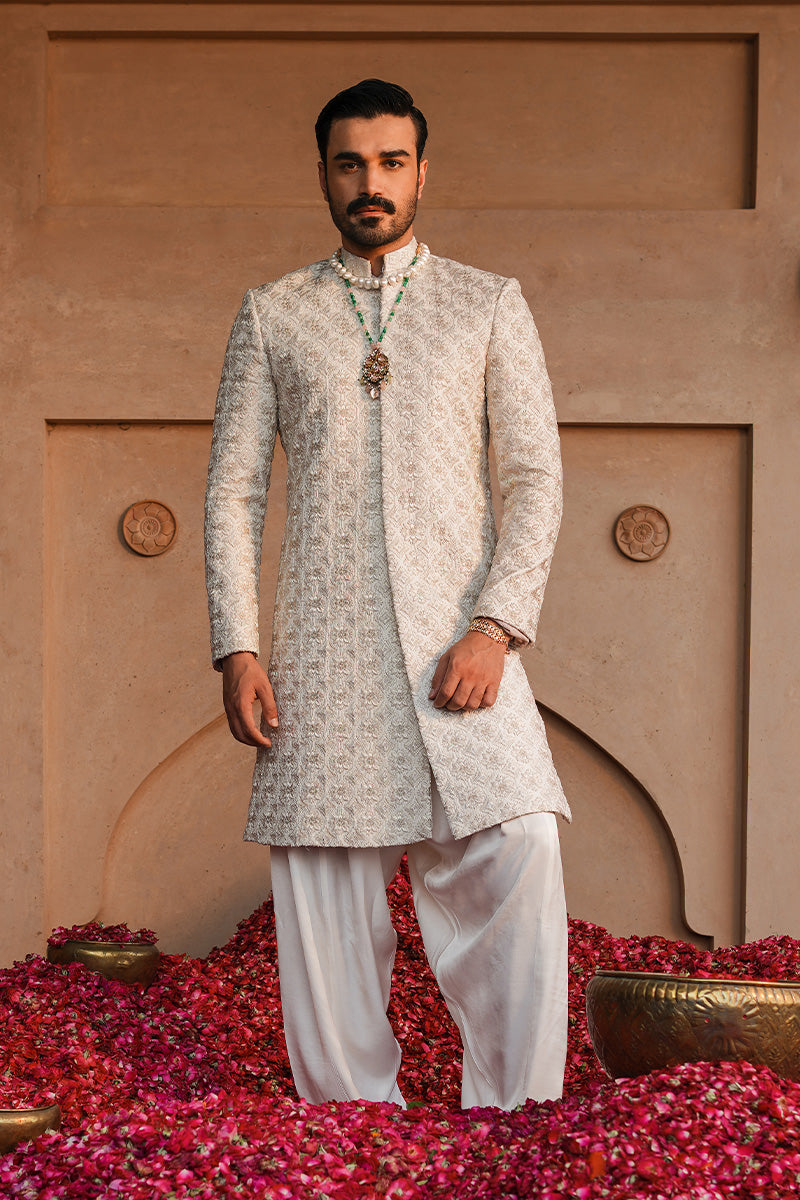 Pearl White Jacquard Embroidered Sherwani (2-Piece) - Image 1