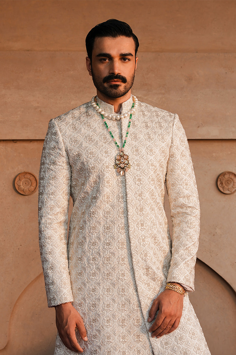 Pearl White Jacquard Embroidered Sherwani (2-Piece) - Image 3