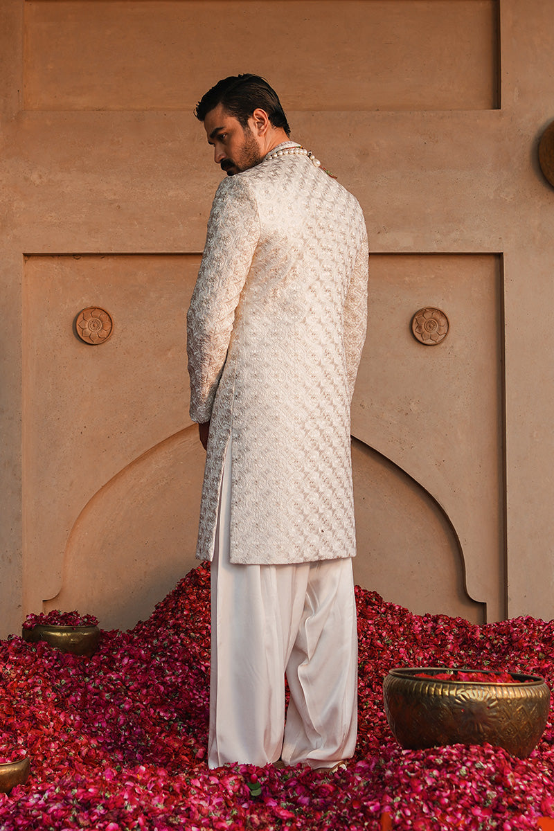 Pearl White Jacquard Embroidered Sherwani (2-Piece) - Image 4