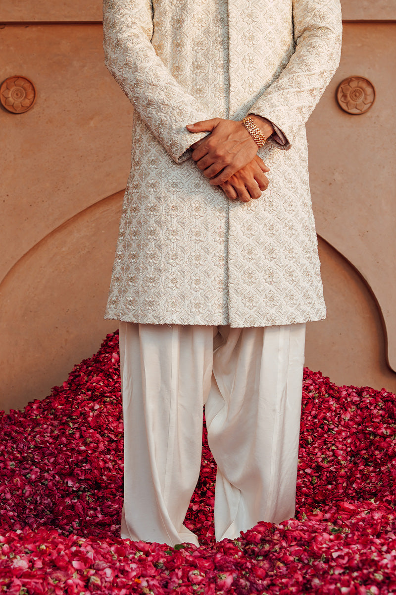 Pearl White Jacquard Embroidered Sherwani (2-Piece) - Image 5