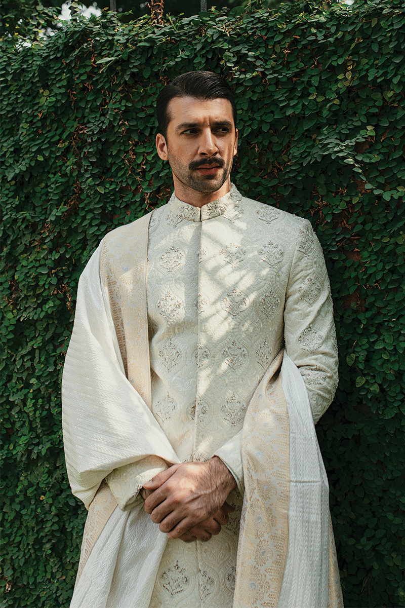 Pearl White Embroidered Jacquard Groom Sherwani (3-Piece) - Image 1