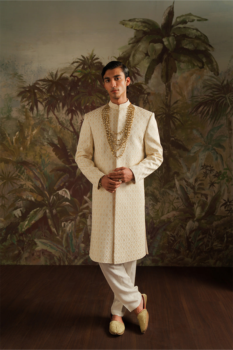 Pearl White Jacquard Embroidered Sherwani (3-Piece) - Image 2