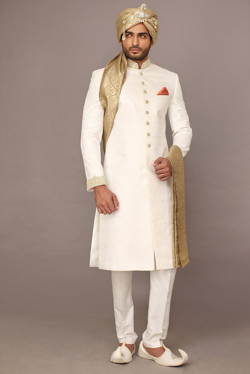 White Kora Dabka Embroidered Self Jamawar Sherwani (3-Piece) - Image 1