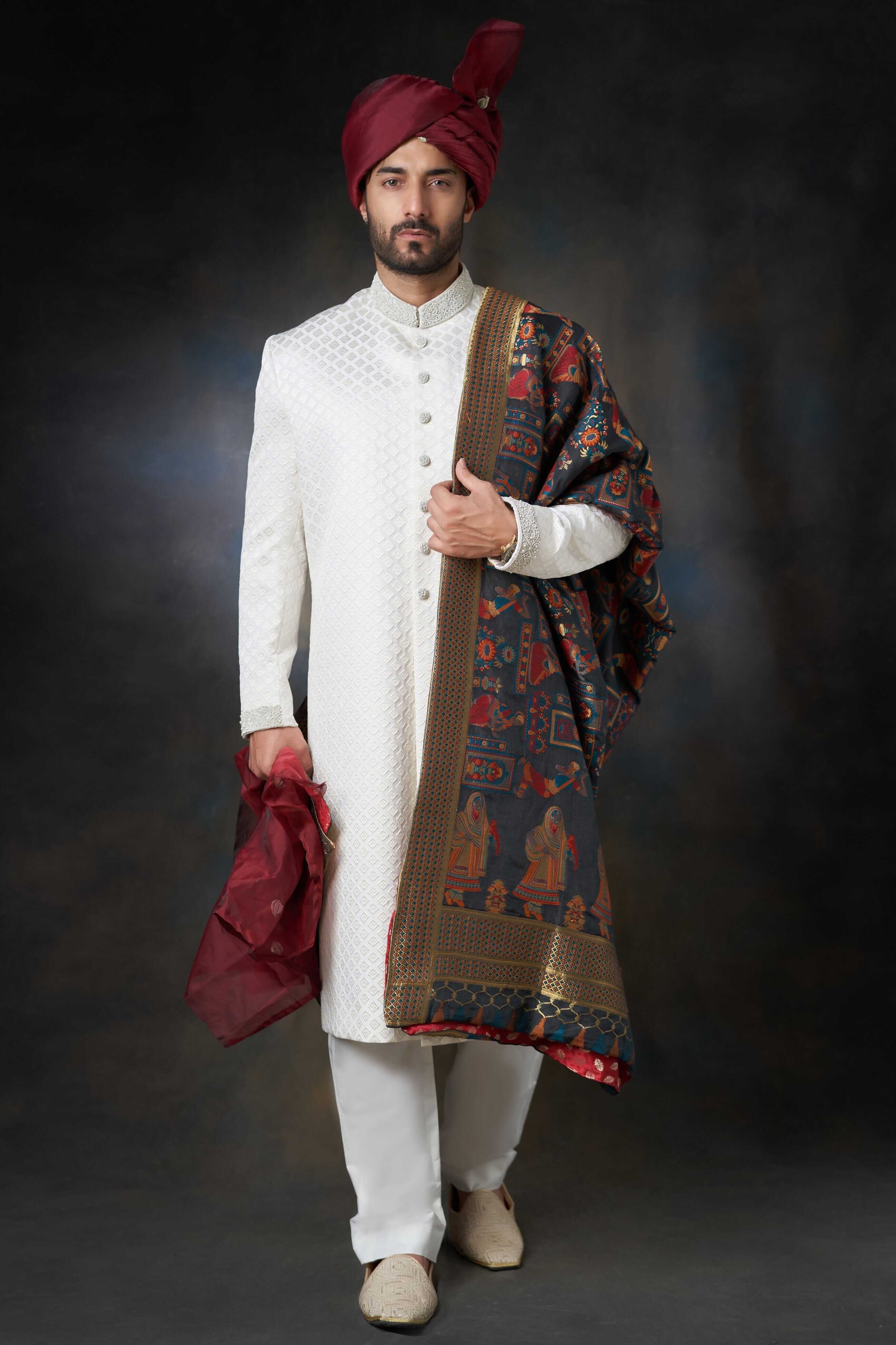 Pearl White Chikankari Raw Silk Sherwani (3-Piece) - Image 1