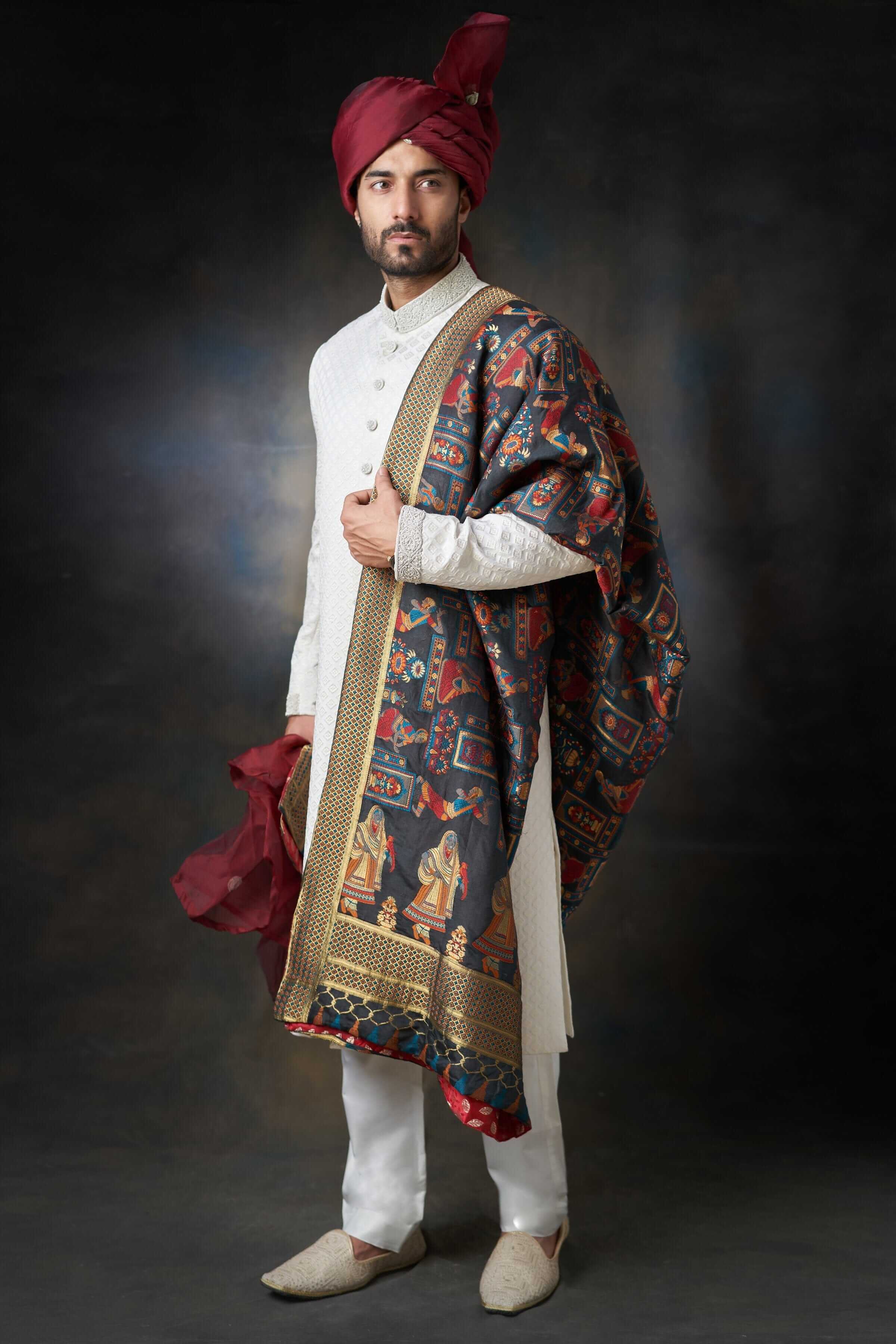 Pearl White Chikankari Raw Silk Sherwani (3-Piece) - Image 2