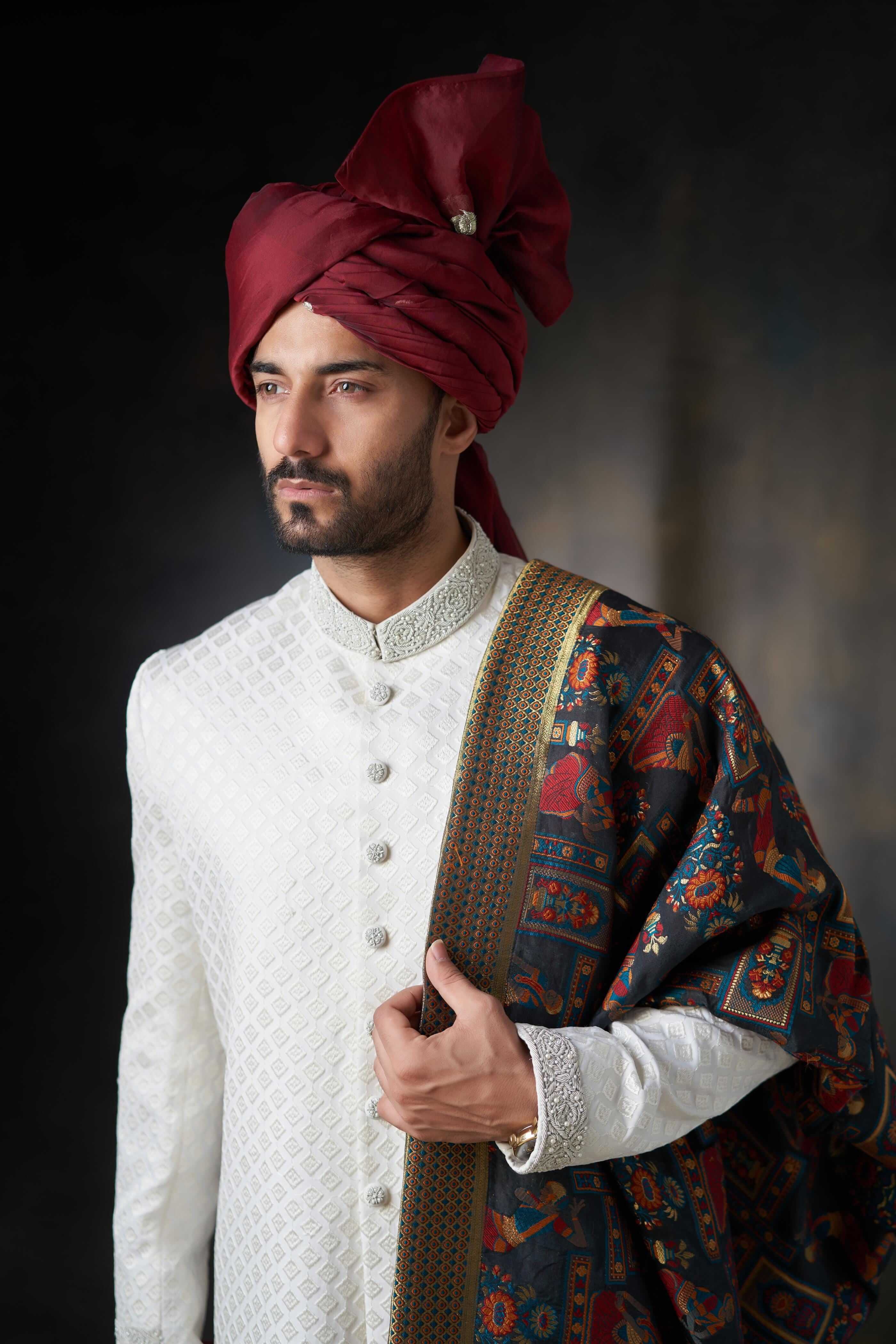 Pearl White Chikankari Raw Silk Sherwani (3-Piece) - Image 3