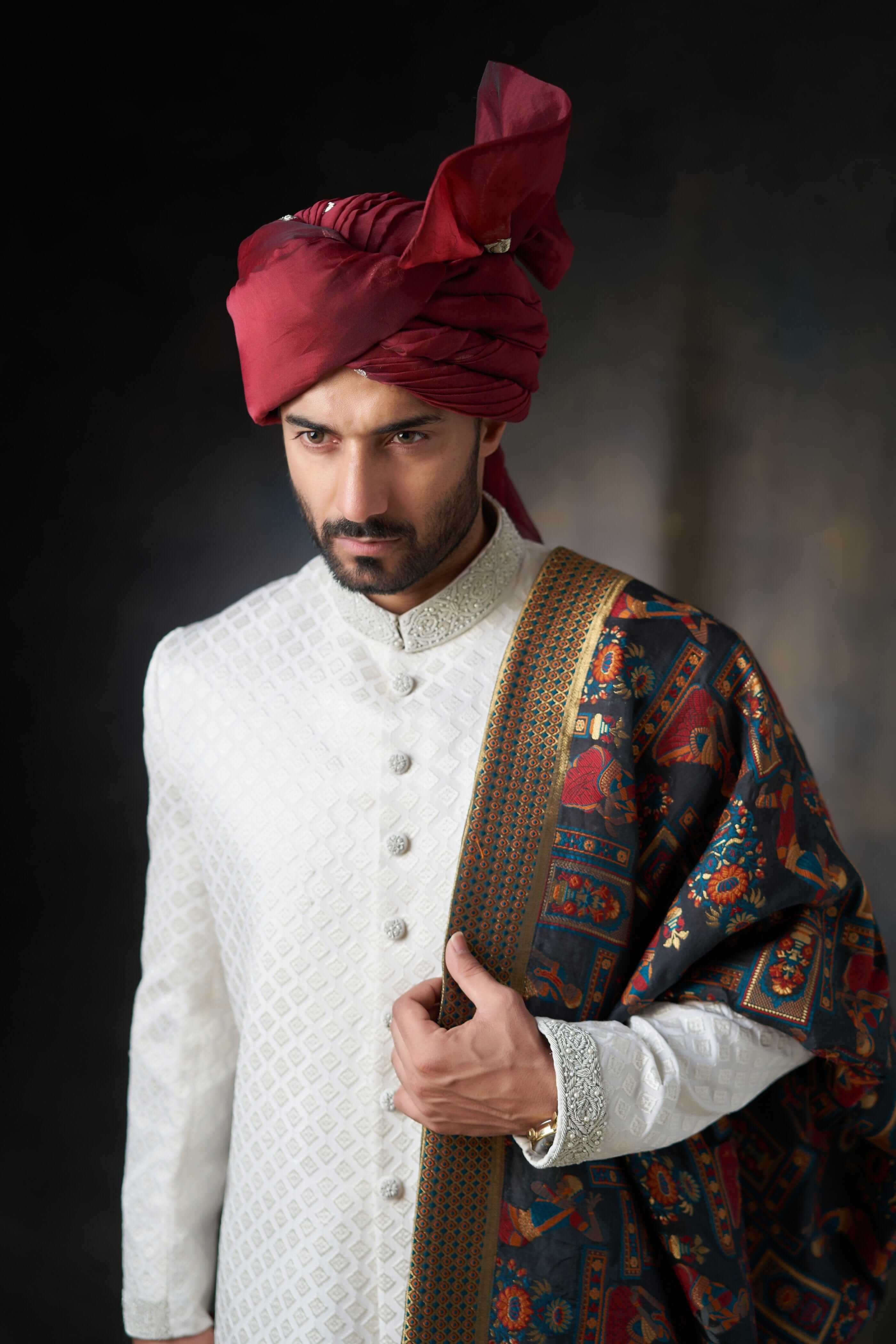 Pearl White Chikankari Raw Silk Sherwani (3-Piece) - Image 4