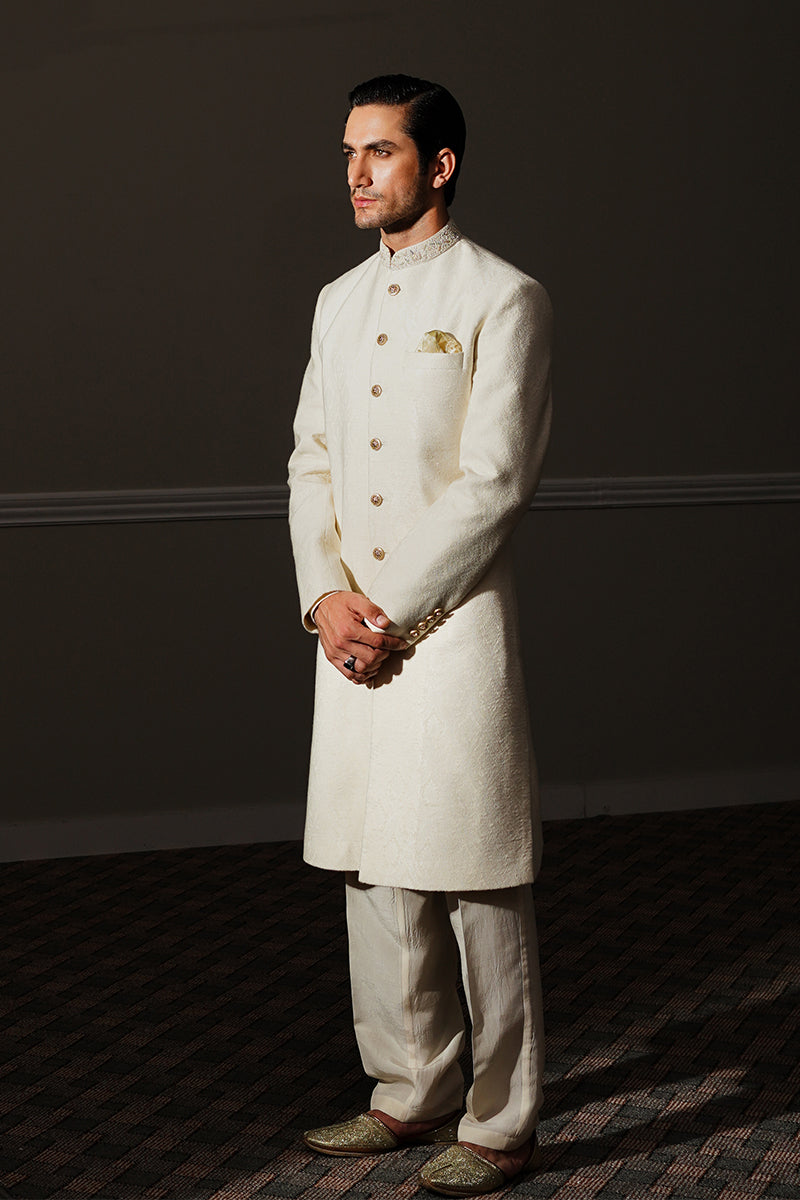 Pearl White Hand-Embellished Self-Jacquard Sherwani (2-Piece) - Image 1