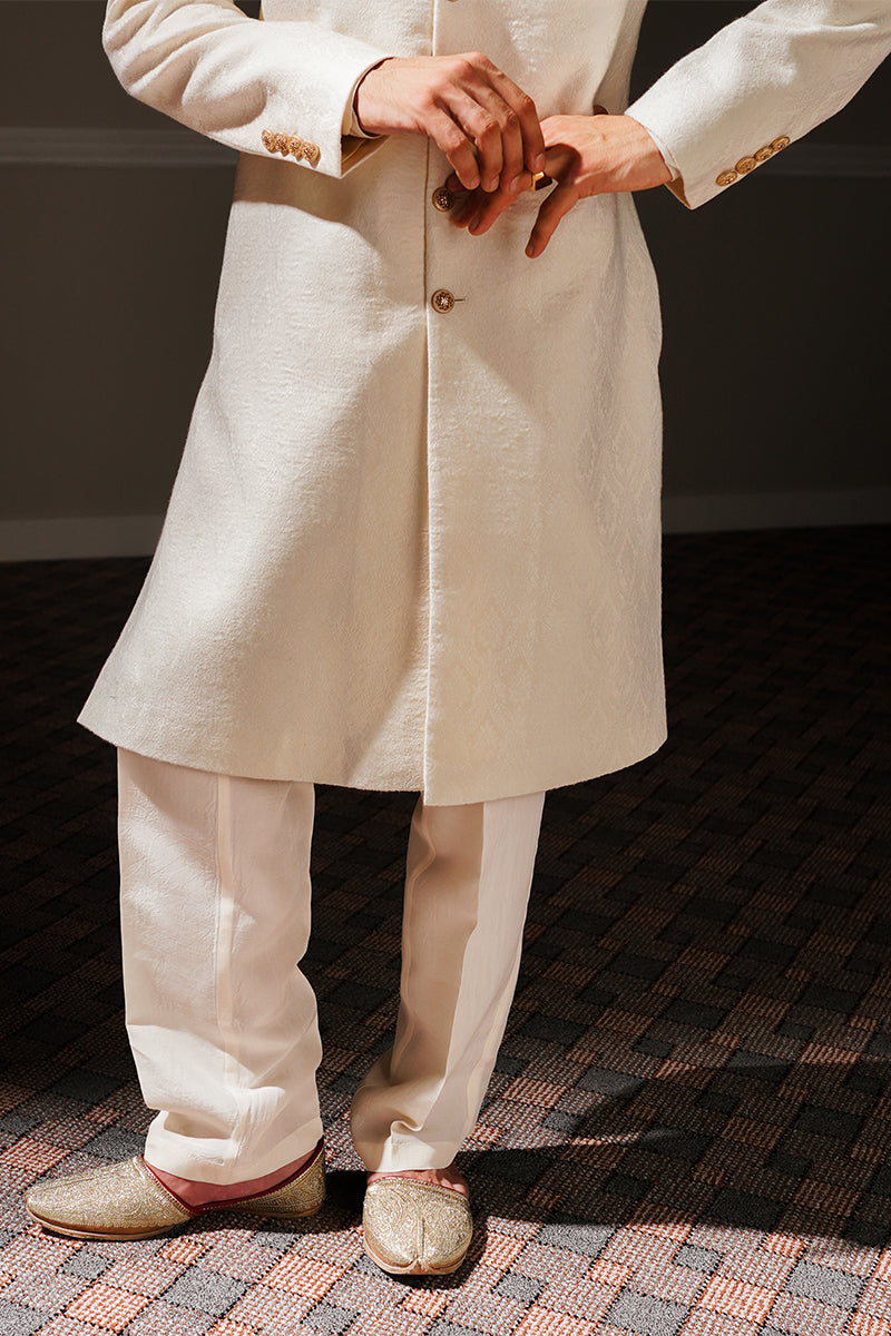 Pearl White Hand-Embellished Self-Jacquard Sherwani (2-Piece) - Image 10