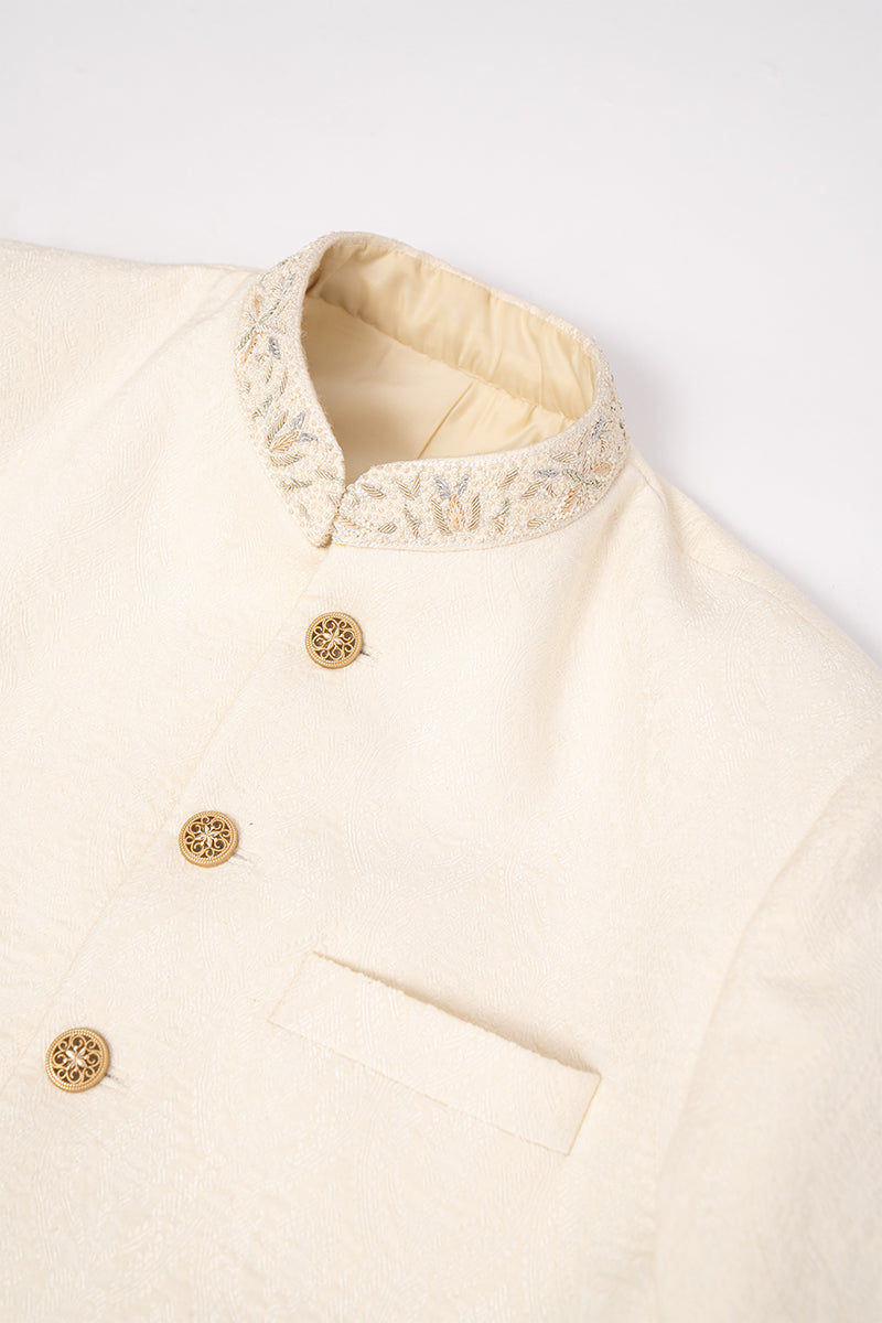 Pearl White Hand-Embellished Self-Jacquard Sherwani (2-Piece) - Image 2