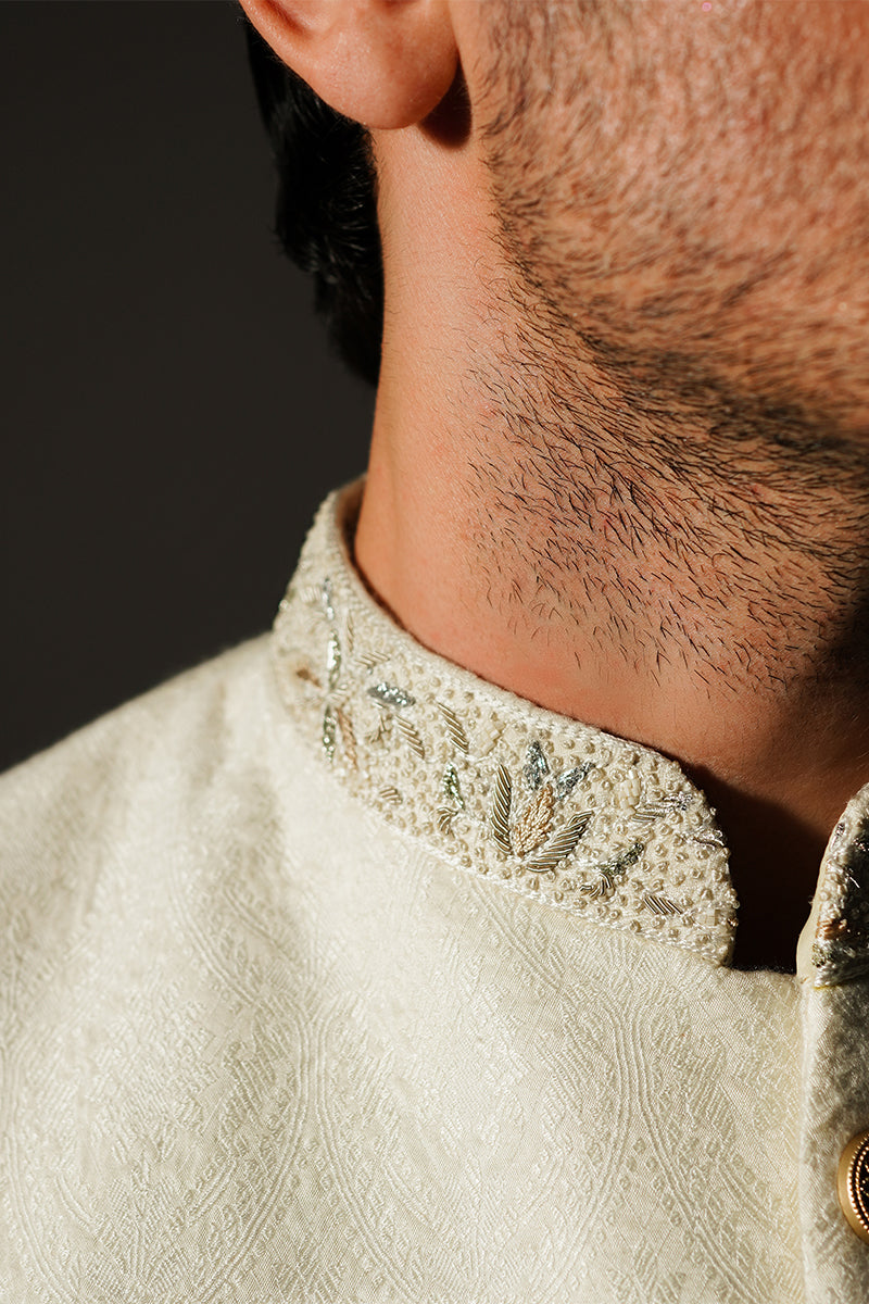 Pearl White Hand-Embellished Self-Jacquard Sherwani (2-Piece) - Image 3