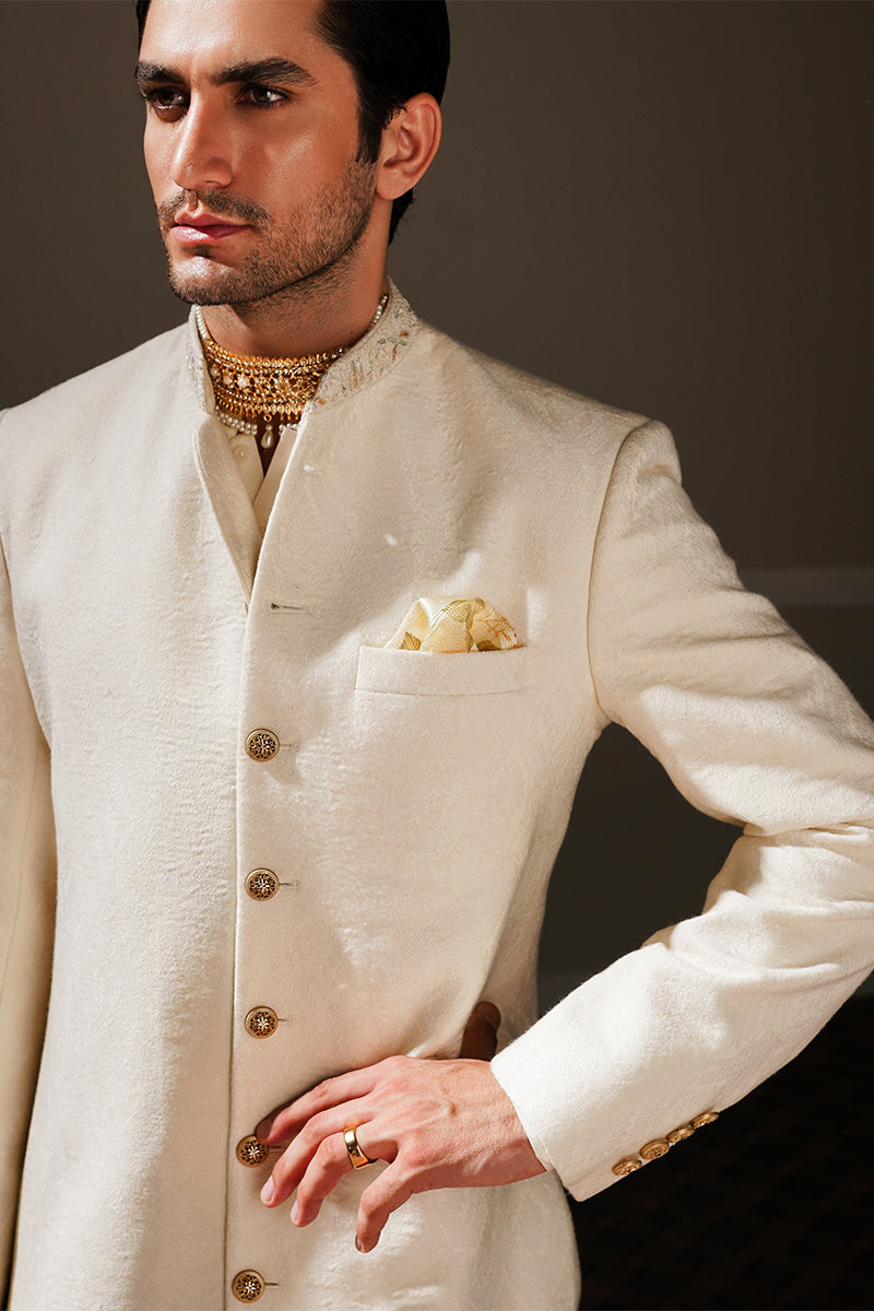 Pearl White Hand-Embellished Self-Jacquard Sherwani (2-Piece) - Image 4