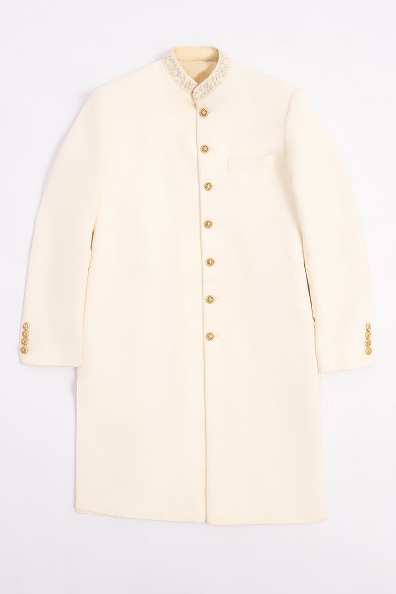 Pearl White Hand-Embellished Self-Jacquard Sherwani (2-Piece) - Image 7