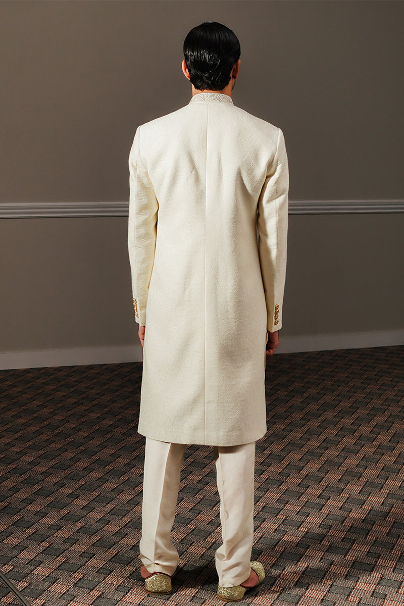 Pearl White Hand-Embellished Self-Jacquard Sherwani (2-Piece) - Image 9