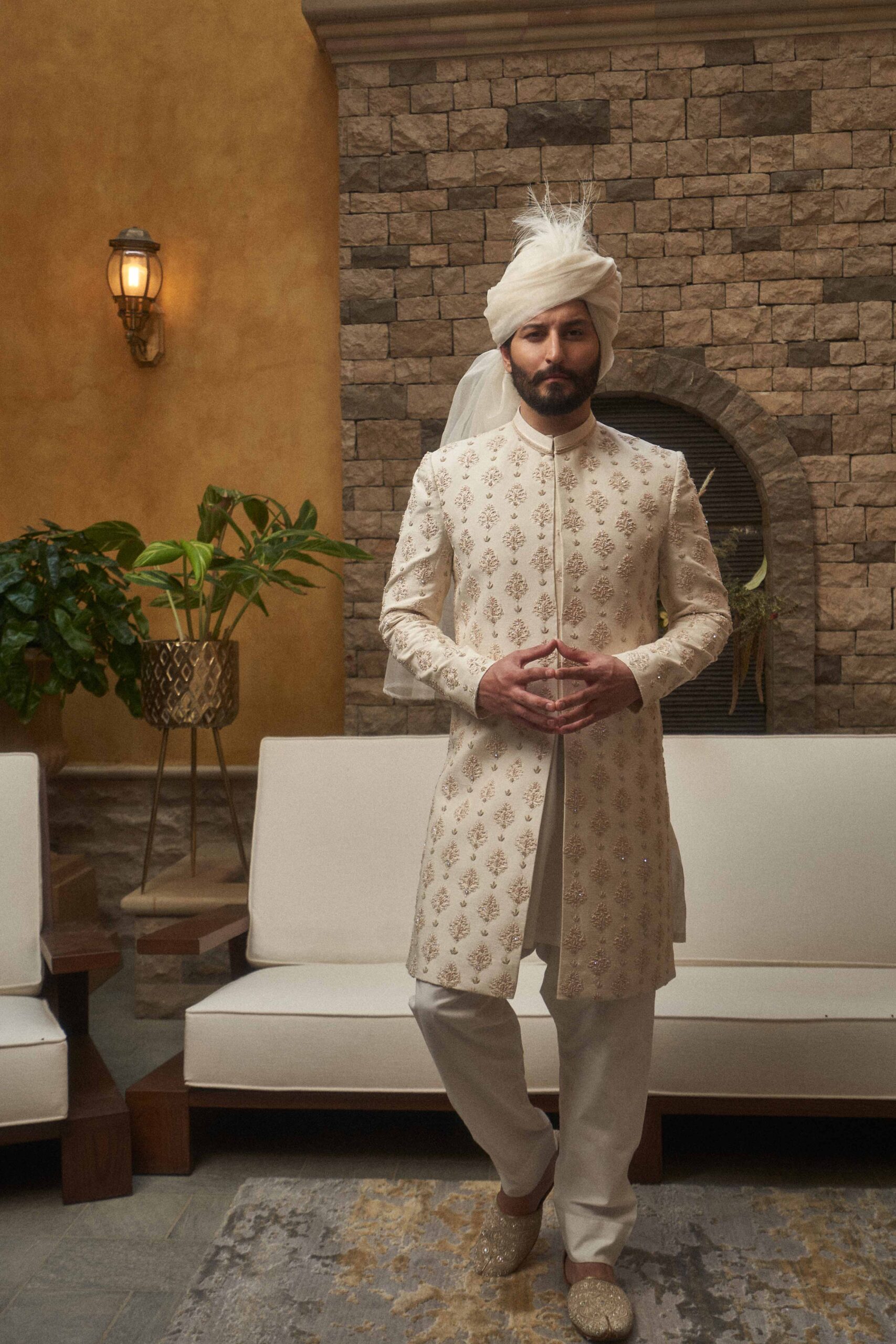 Dover White Embroidered Silk-Blend Sherwani (3-Piece) - Image 2