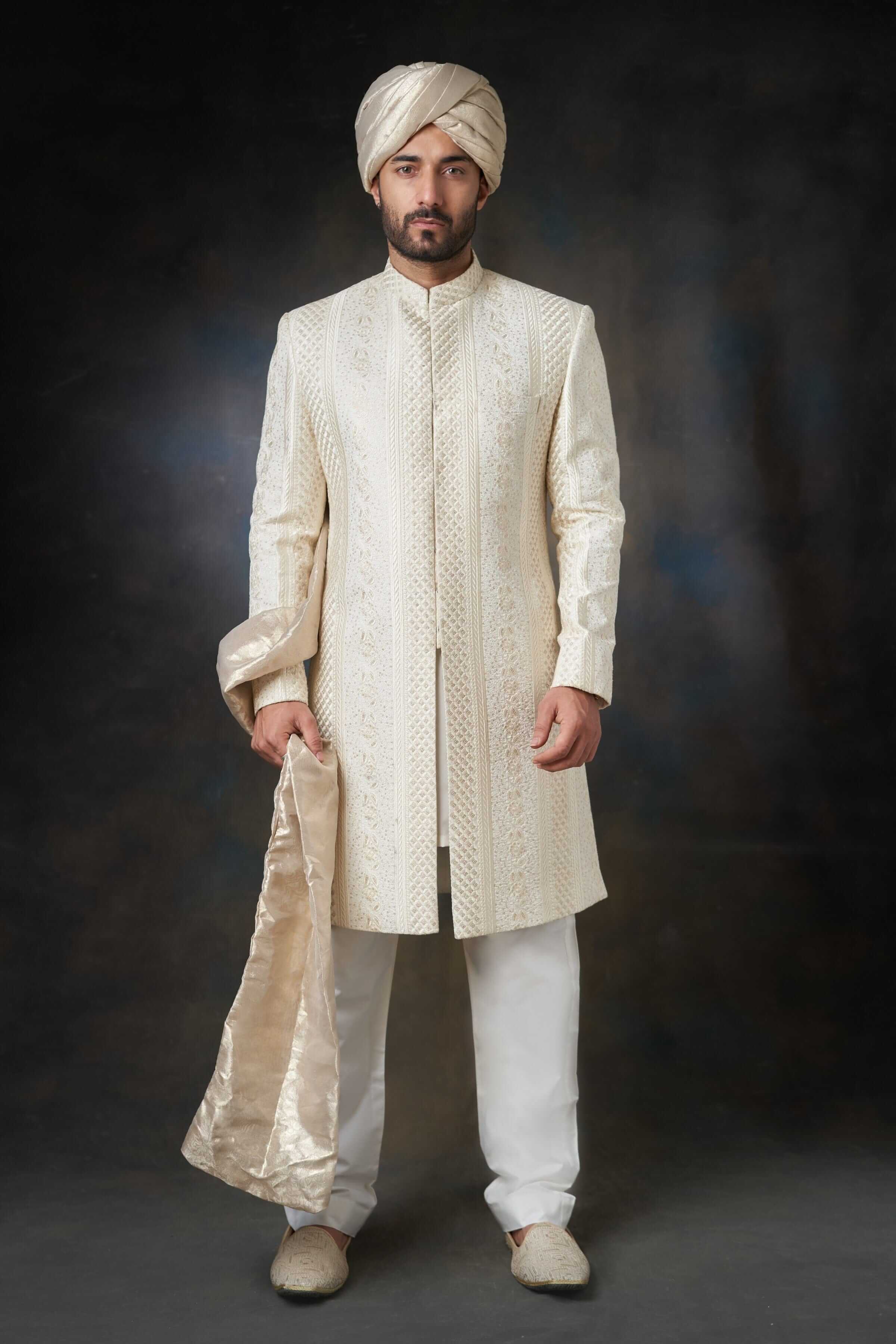 Pearl White Embroidered Silk-Blend Sherwani (3-Piece) - Image 1