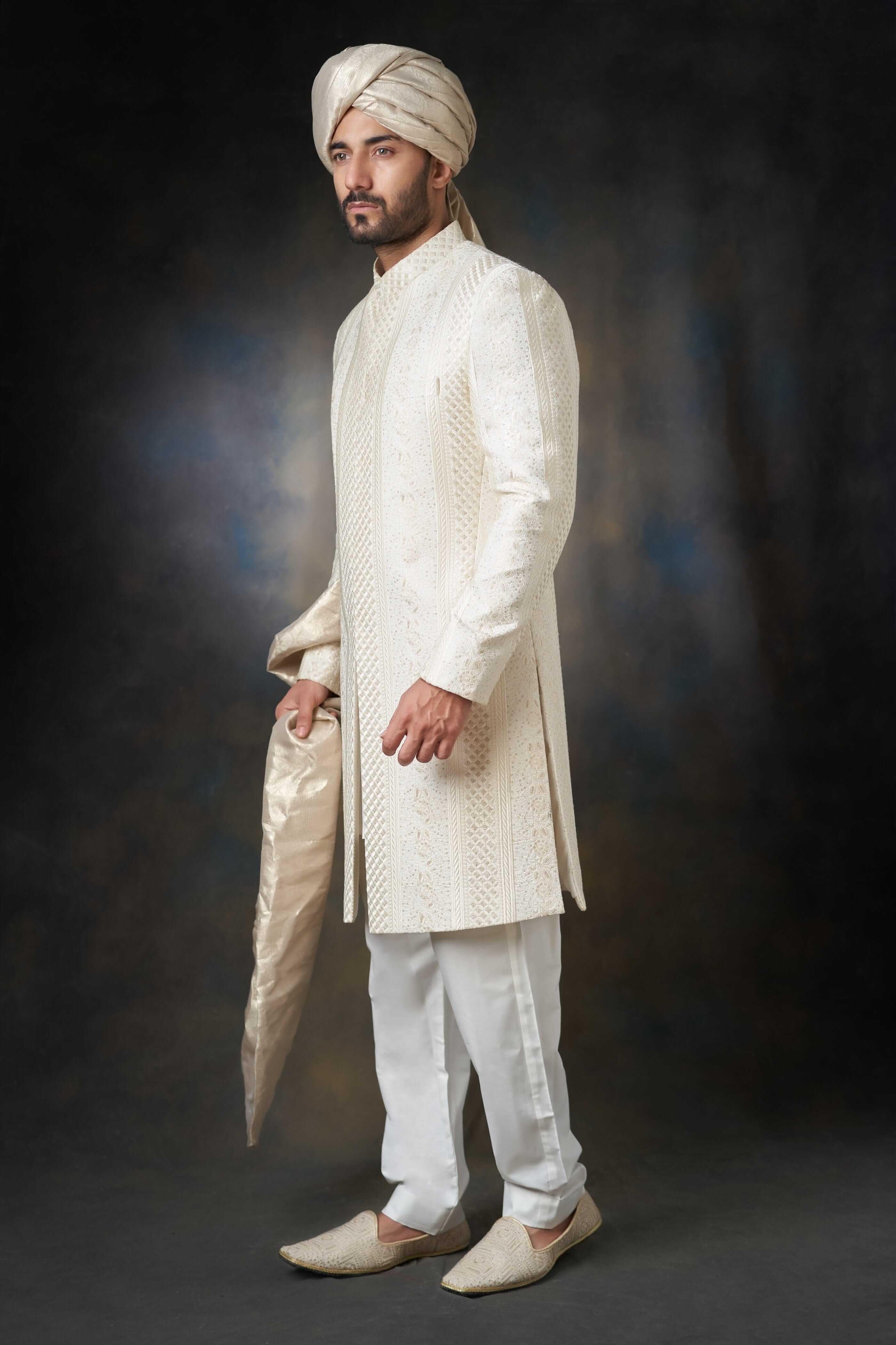 Pearl White Embroidered Silk-Blend Sherwani (3-Piece) - Image 2
