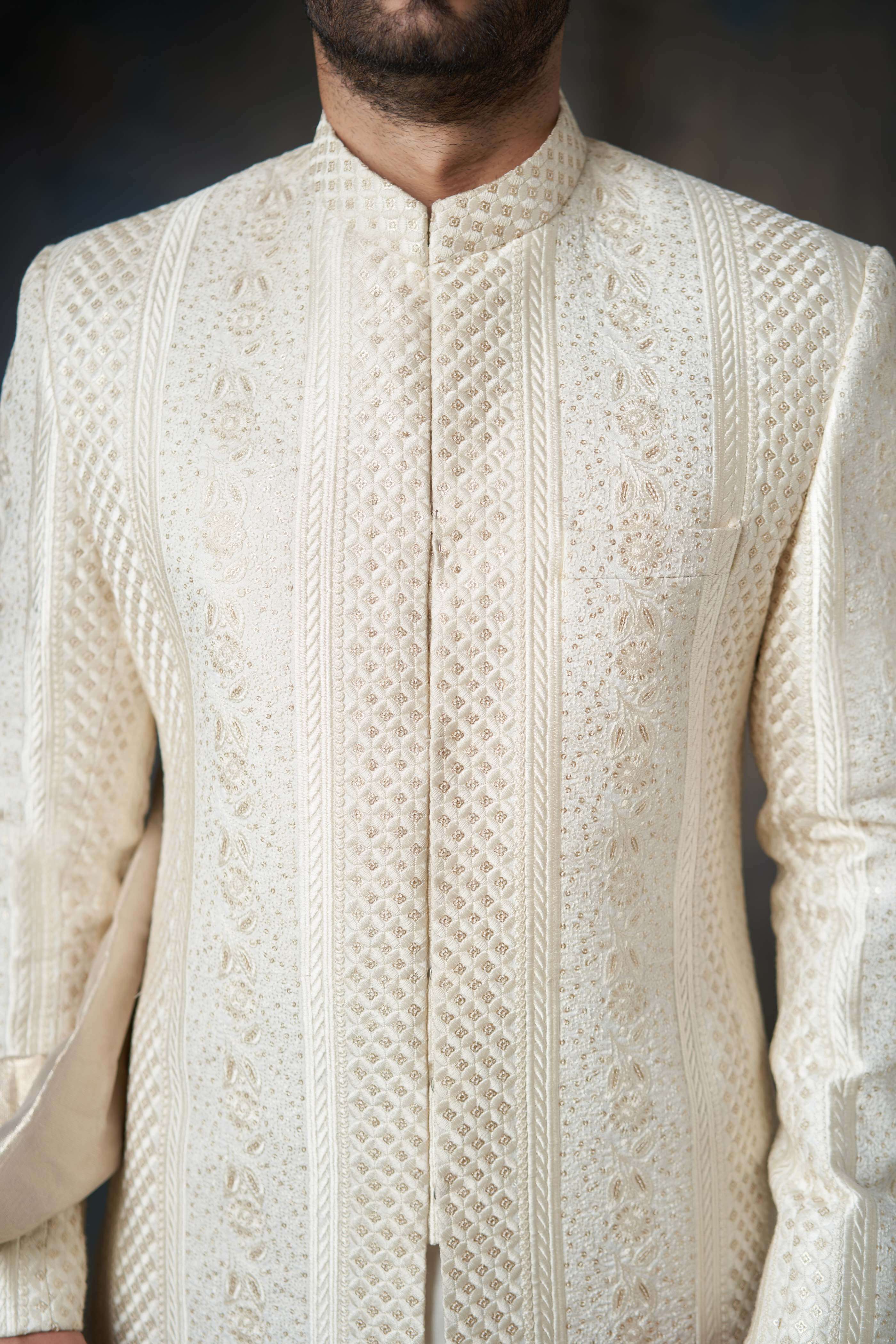 Pearl White Embroidered Silk-Blend Sherwani (3-Piece) - Image 5