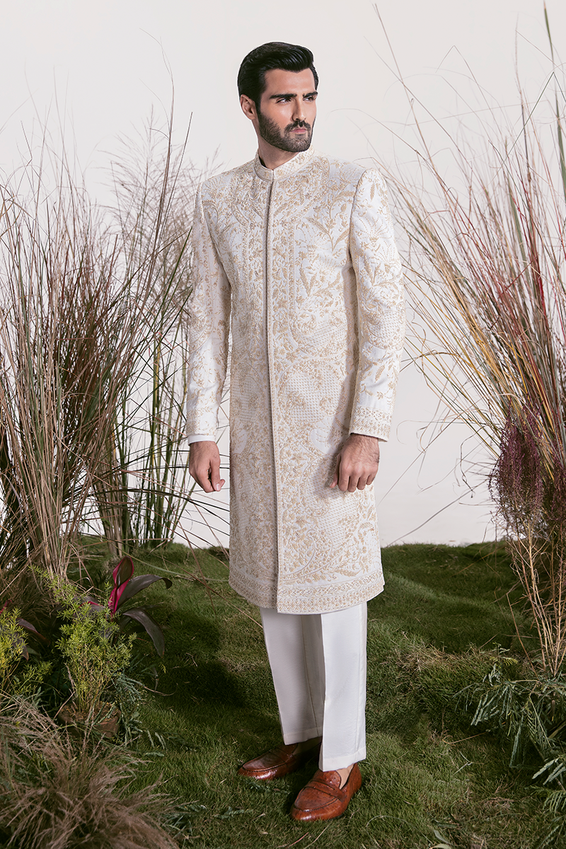 Pearl White Hand-Embroidered Silk-Blend Sherwani (2-Piece) - Image 1