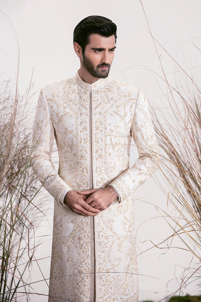 Pearl White Hand-Embroidered Silk-Blend Sherwani (2-Piece) - Image 2