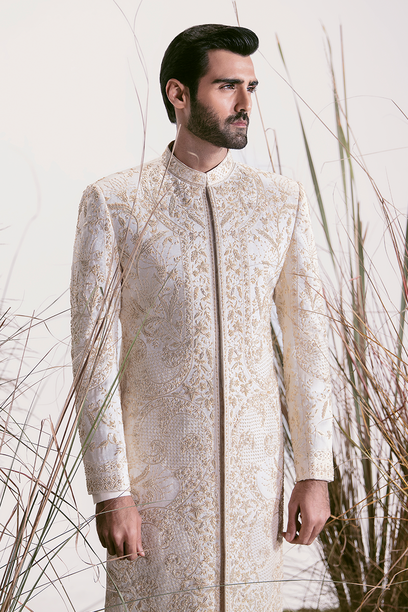Pearl White Hand-Embroidered Silk-Blend Sherwani (2-Piece) - Image 3