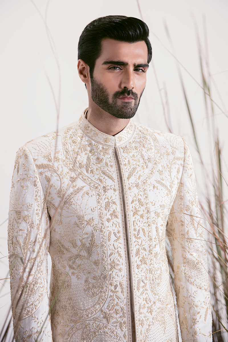 Pearl White Hand-Embroidered Silk-Blend Sherwani (2-Piece) - Image 4