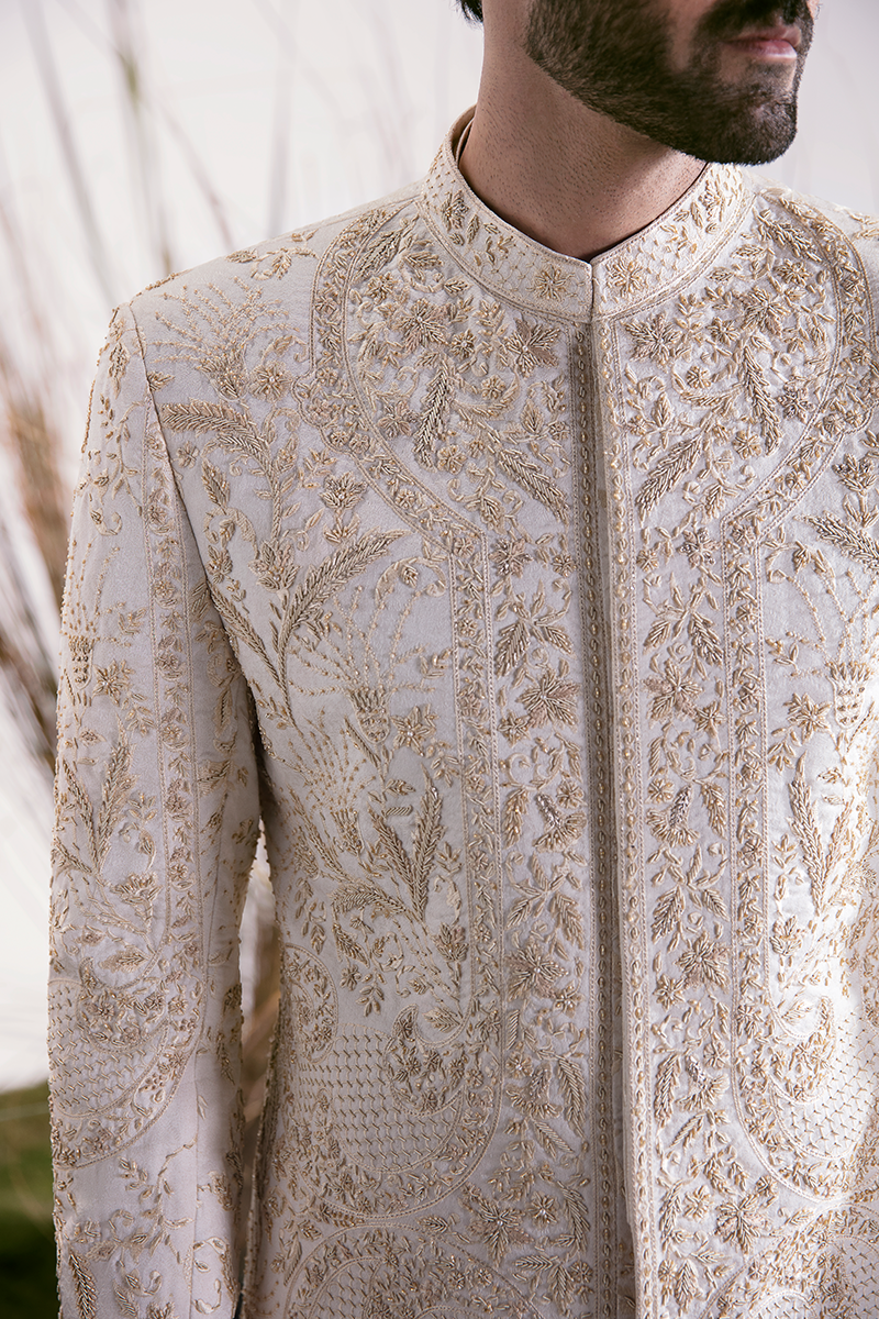 Pearl White Hand-Embroidered Silk-Blend Sherwani (2-Piece) - Image 5