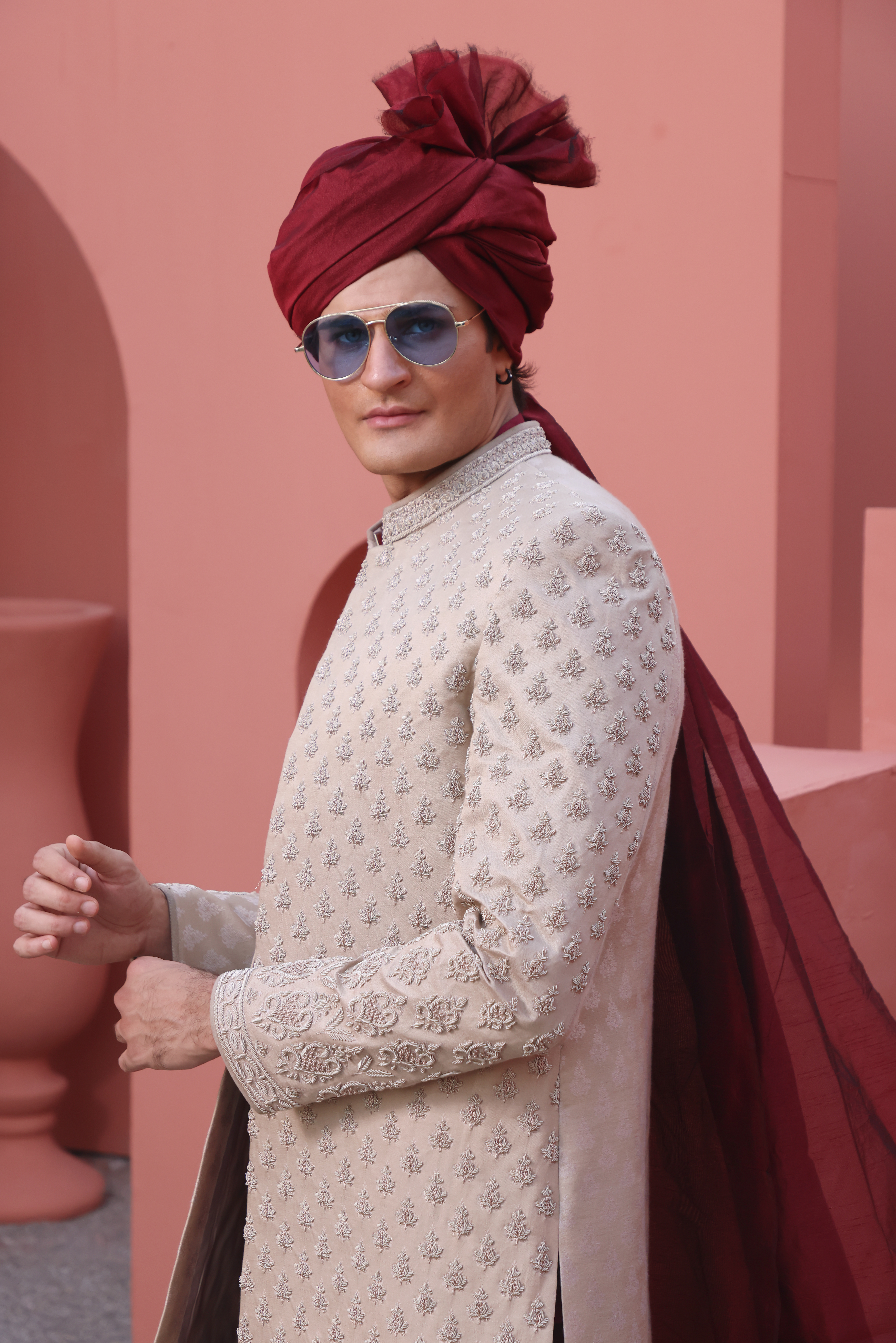 Pearl White Embroidered Silk-Blend Sherwani (4-Piece) - Image 2