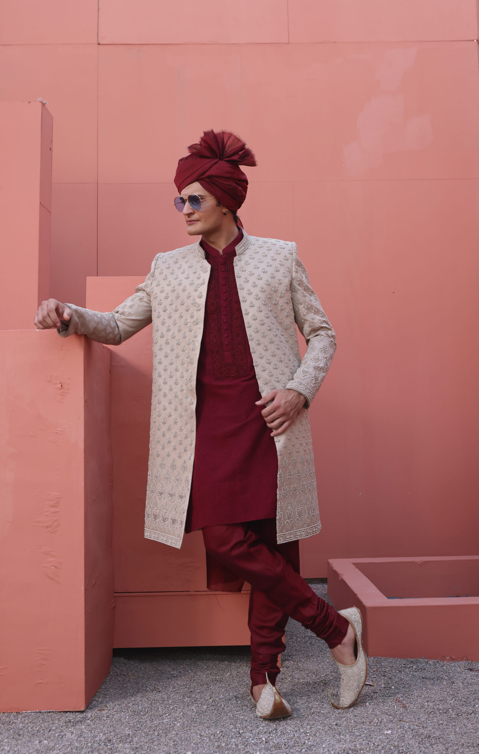 Pearl White Embroidered Silk-Blend Sherwani (4-Piece) - Image 3