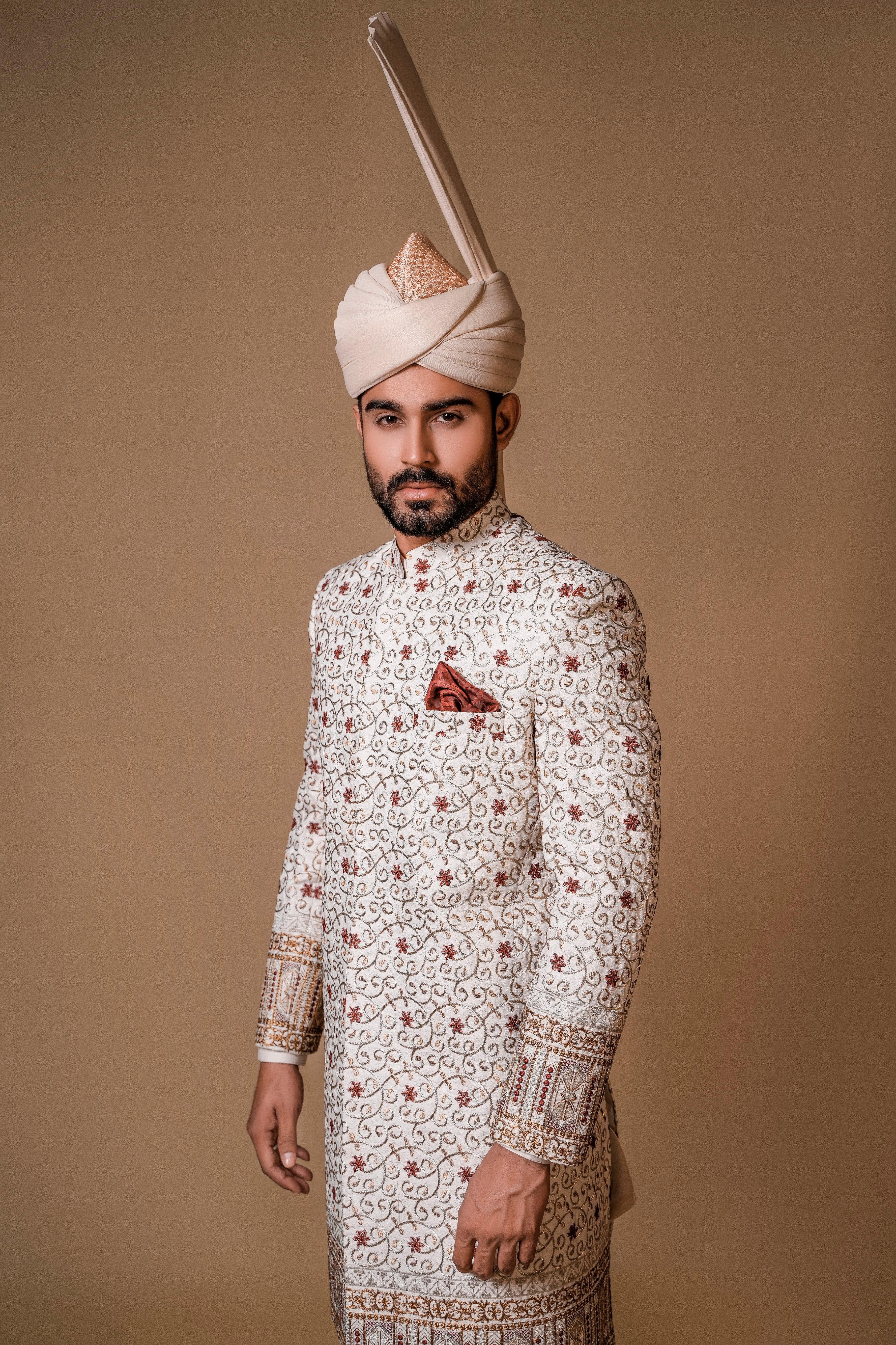 White Embroidered Silk-Blend Sherwani (2-Piece) - Image 1