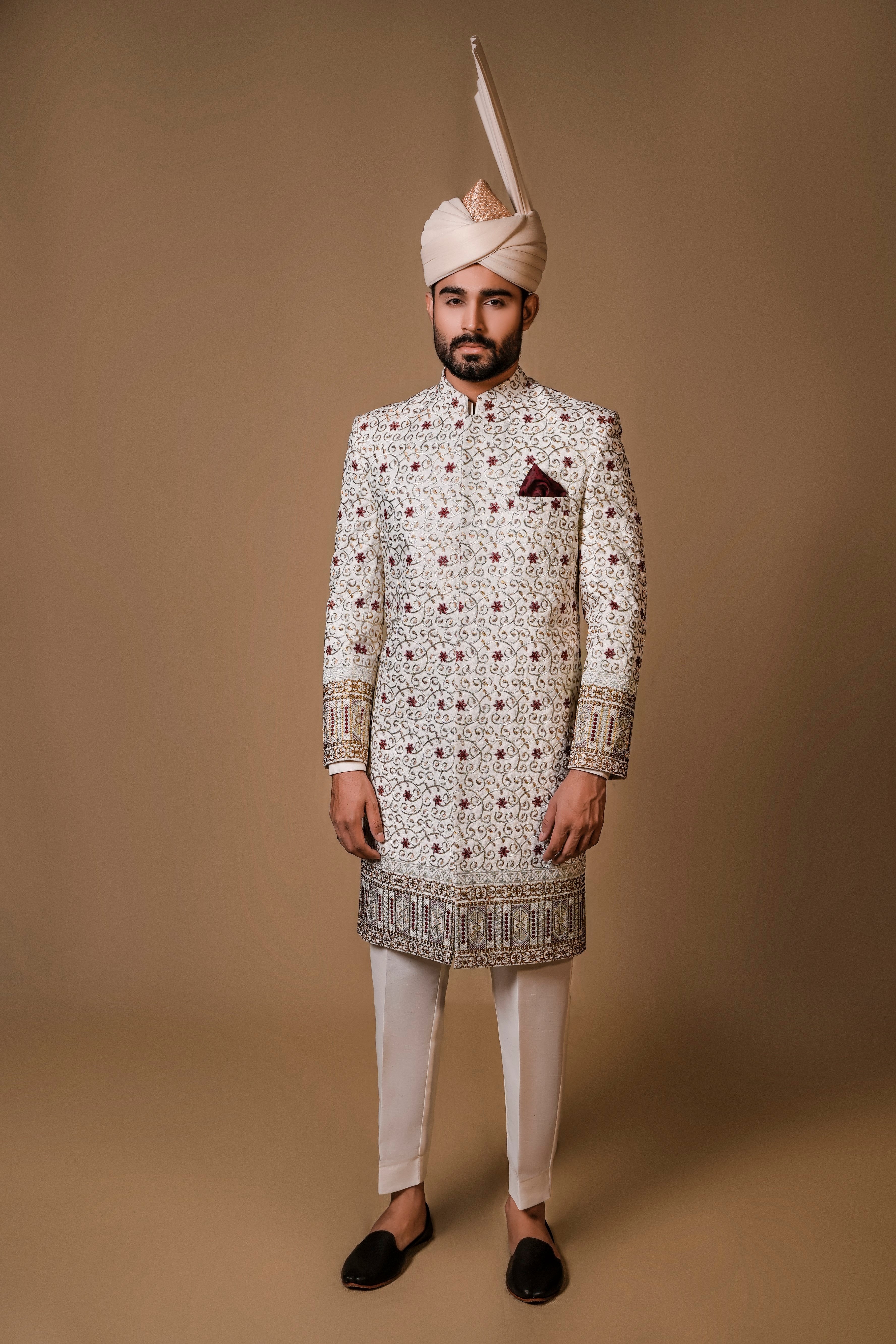 White Embroidered Silk-Blend Sherwani (2-Piece) - Image 2