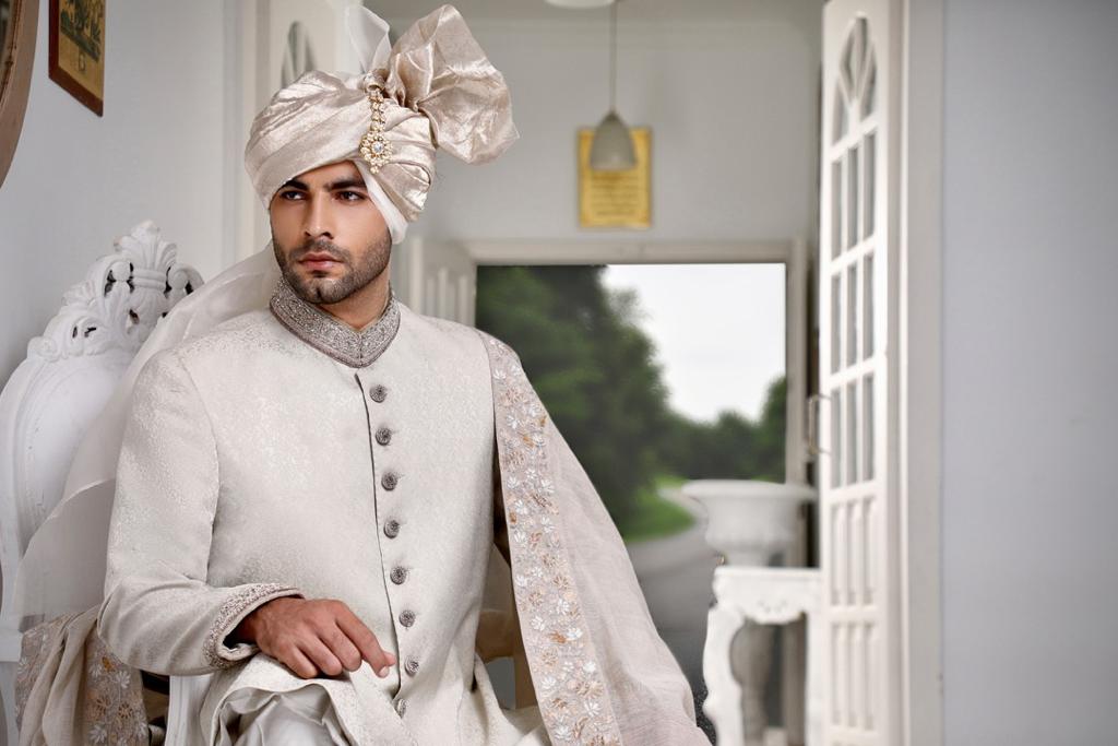 Pearl White Embroidered Silk Blend Groom Sherwani (4-Piece) - Image 1
