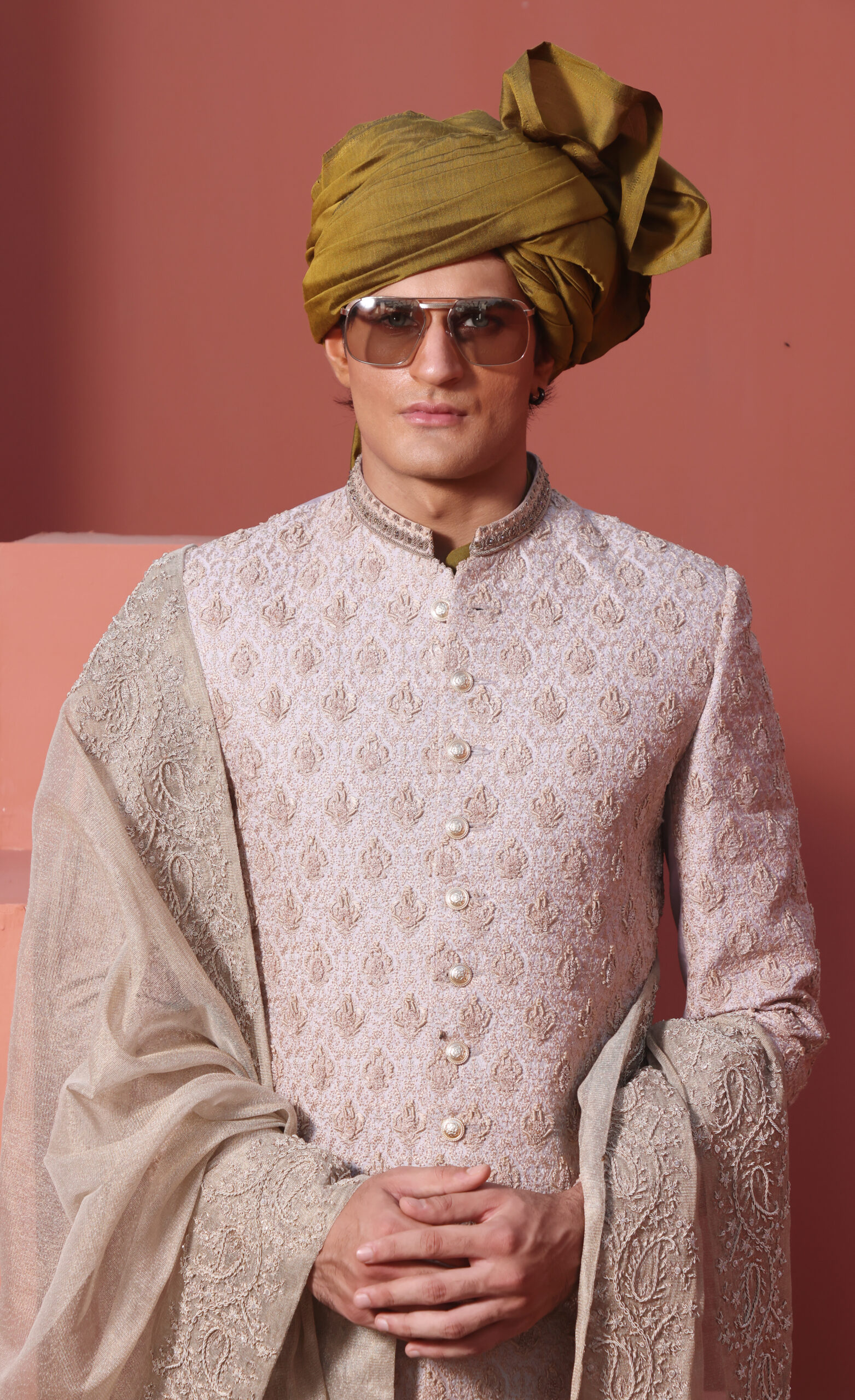 Pearl White Embroidered Silk Blend Sherwani (4-Piece) - Image 1