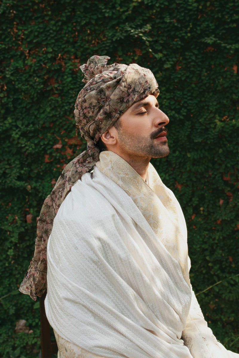 Pearl White Embroidered Jacquard Groom Sherwani (3-Piece) - Image 2