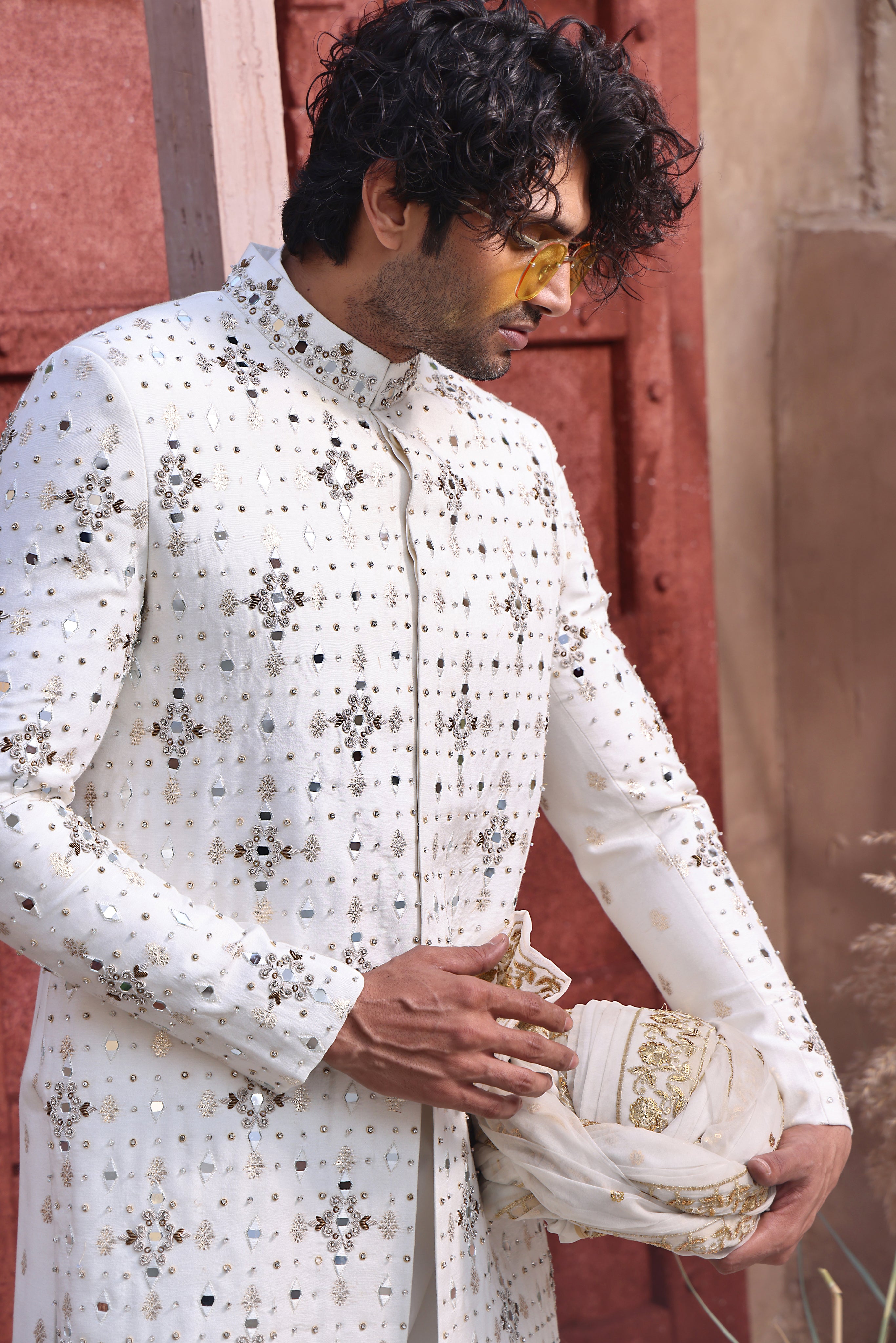 White Mirror Work Silk-Blend Groom Sherwani (3-Piece) - Image 4